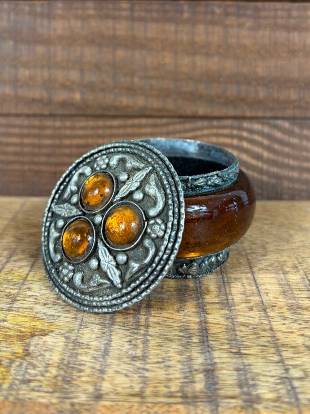 Vintage Small Round Amber Color Trinket Box w/ Ornate Metal Lid